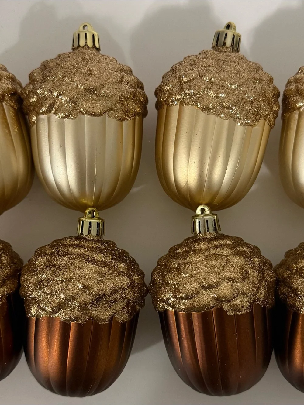 Set of 8 Holiday Living Champagne Gold & Copper Ribbed Glass Acorn Ornament Set
